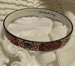 Michaela Frey Vintage Enamel Bangle Bracelet Red Floral Geometric Pattern